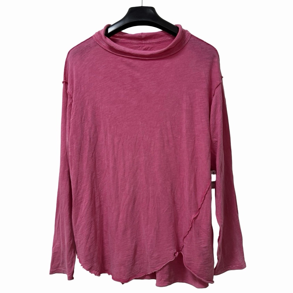Free People Mock Neck Oversized Lightweight Top Size M Fuchsia Pink Raw‎ Hem